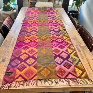 Sacred Threads Fringed Wool Scarf Colorful Diamond Pattern 80 x 29